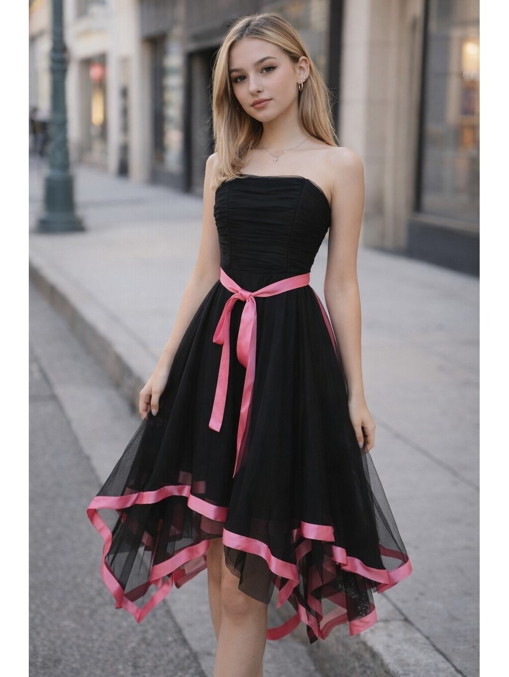 Y2K Cache Black Strapless Tulle Mesh Handkerchief Hem Dress Ruched Coquette Sz 4